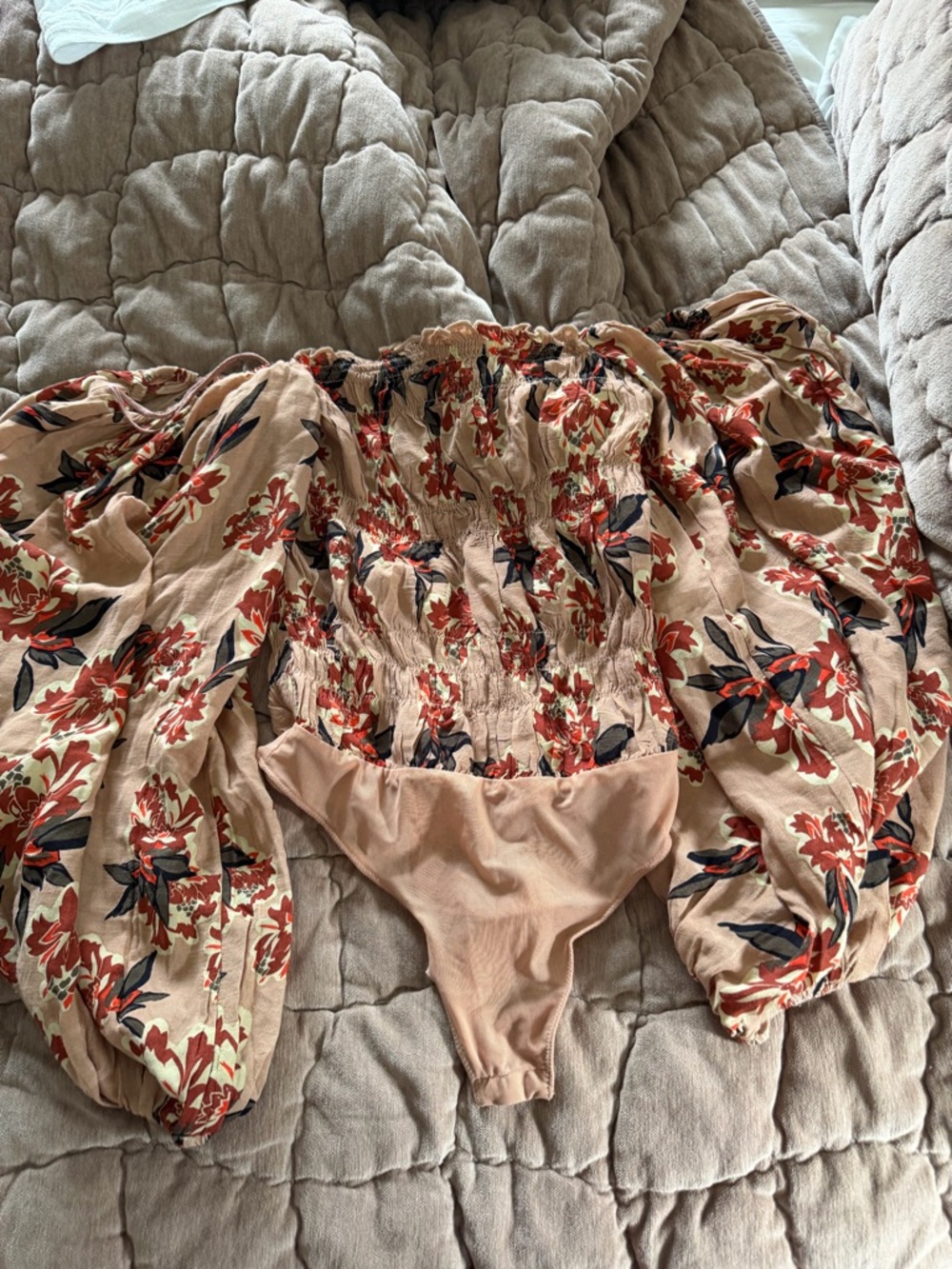 Free People Floral Smocked Off-Shoulder Long Sleeve Bodysuit in Beige and Rust